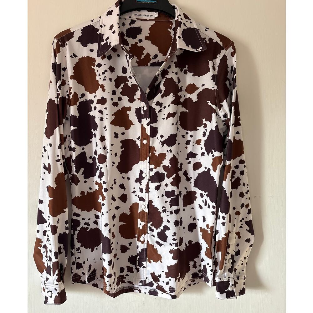 Ranch Dressn Brown White Cow Print Performance Rodeo Pearl Snap Western Shirt